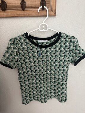 Zara Green and Cream Scallop-Pattern Short Sleeve Top with Black Trim